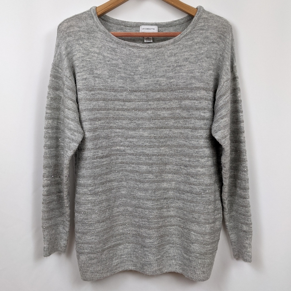 Liz Claiborne Sequinned Striped Sweater Boat Neck Heathered Gray Sparkle XL